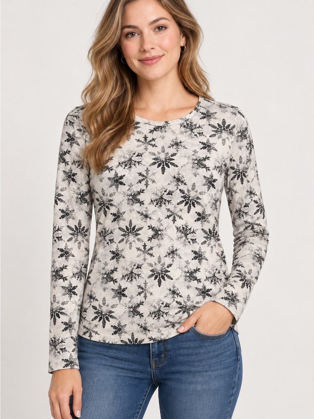 J. Jill Cream and Black Snowflake-Print Long Sleeve Tee